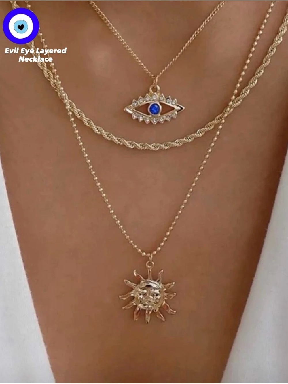 Gold Layered Evil Eye and Sun Pendant Necklace - Gold Blue Accent